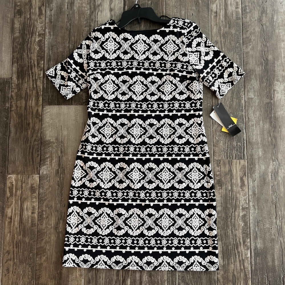 R & K Women's‎ Black White Short Sleeve Stretch Shift Dress in Size 6 New (E1)
